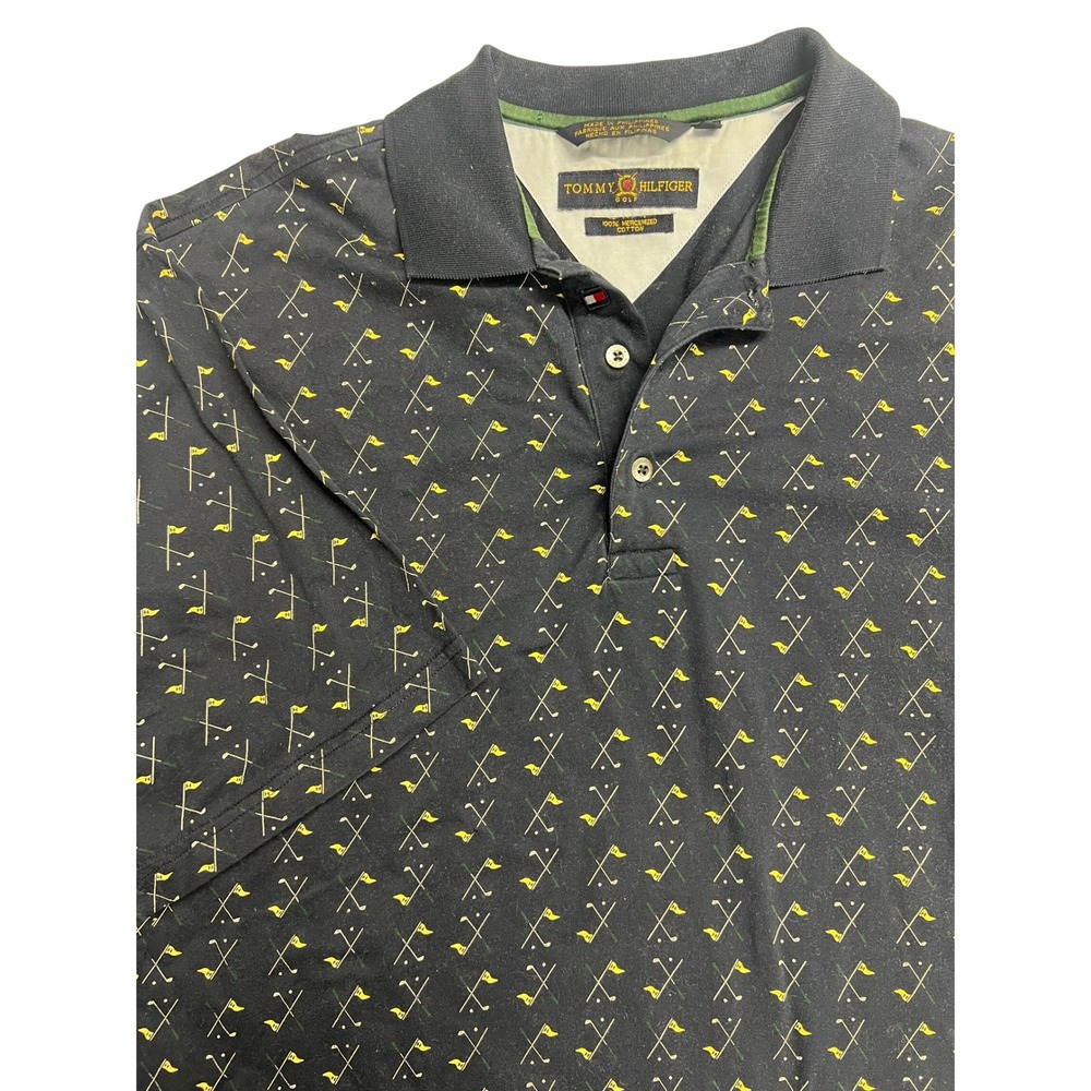 Vintage Tommy Hilfiger Mens Navy Mercerized Cotton Polo Shirt Golf Club‎ Pattern